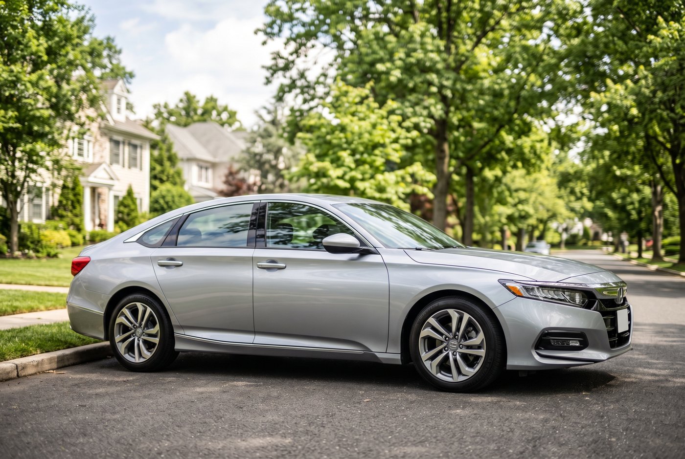 Silver driver-education sedan parked on a leafy suburban street